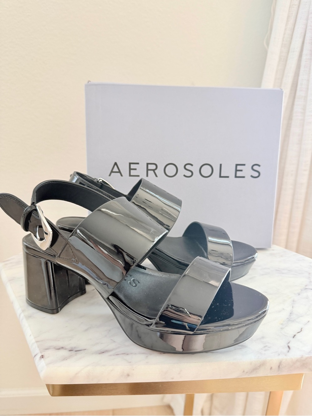 🌟 AEROSOLES Camilla Platform Block Heels Black Patent Leather 6.5